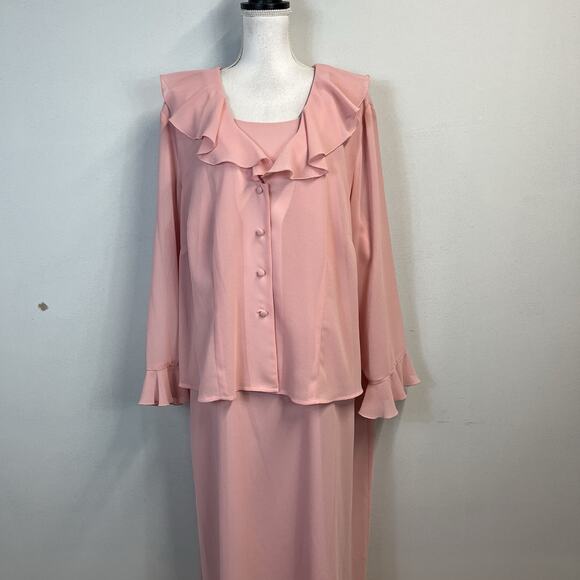 Jessica Howard 2pc Jacket Dress Plus sz 24W Pink Crepe Wedding Evening Cocktail - Picture 2 of 12